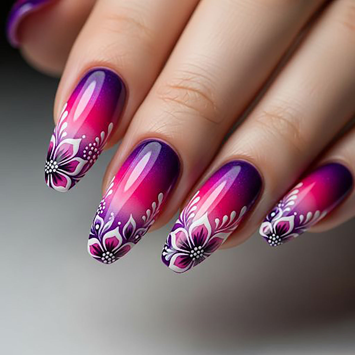24pcs/Set Blurred Magenta Floral Gradient Press-On Nails