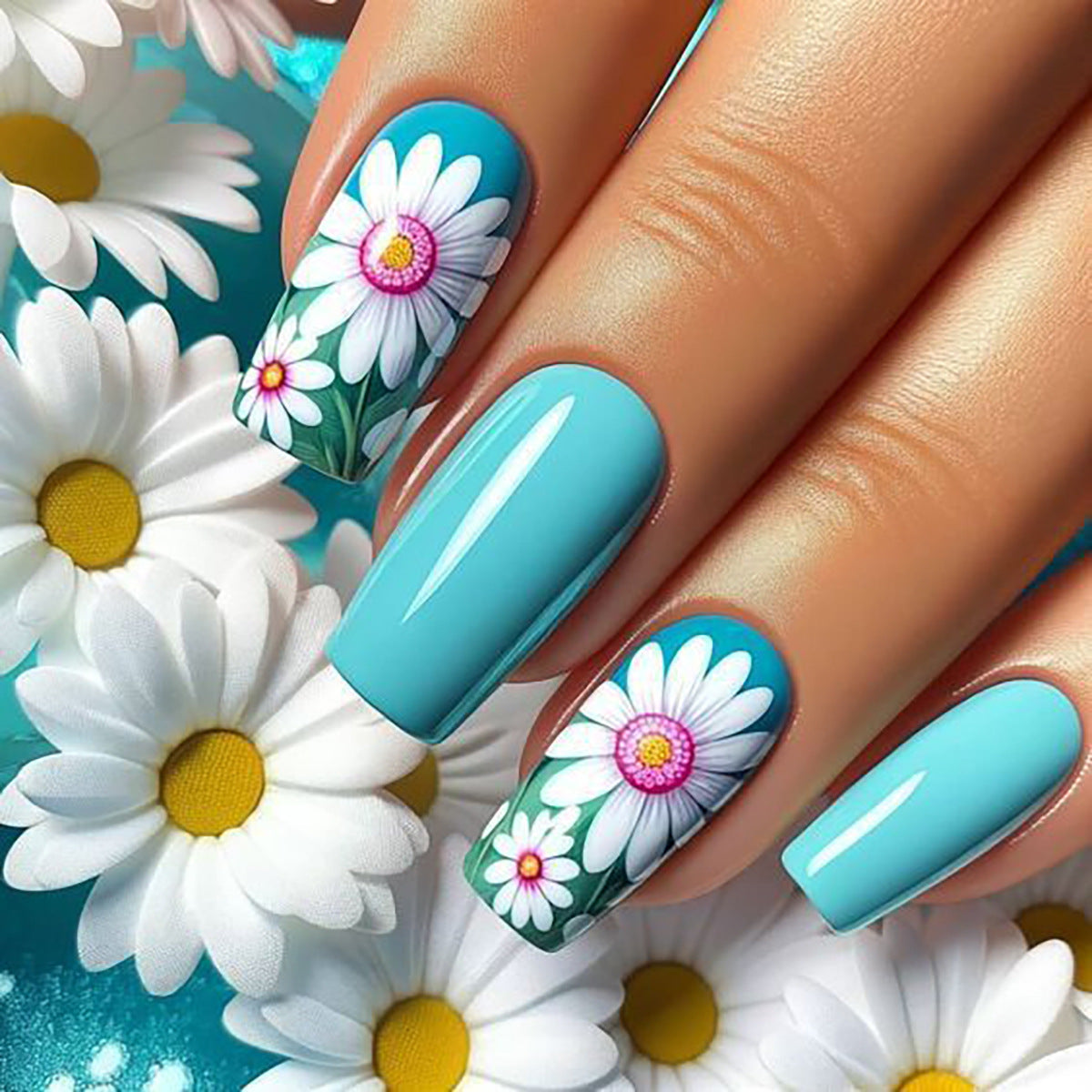 24pcs/Set Pure Blue Minimalist White Sunflower Press-On Nails