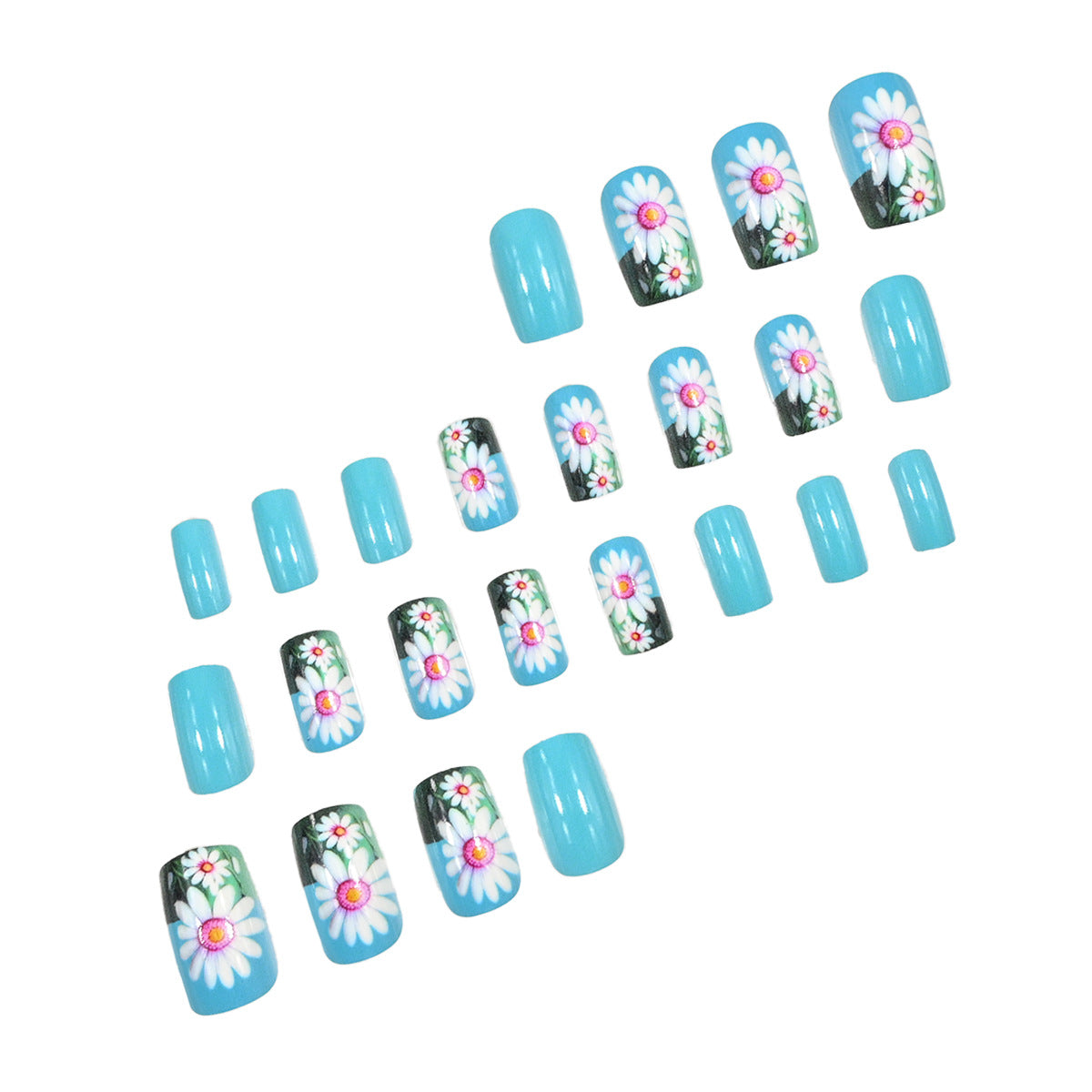 24pcs/Set Pure Blue Minimalist White Sunflower Press-On Nails