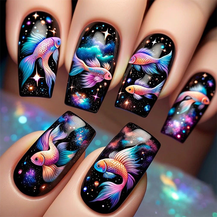 24pcs/Set Galactic Swimming Fish with Cosmic Star Gradient Press-On Nails