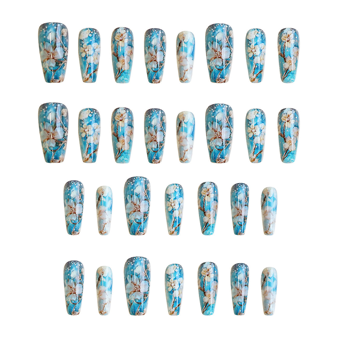 24pcs/Set Blue Background with White Flowers Press-On Nails