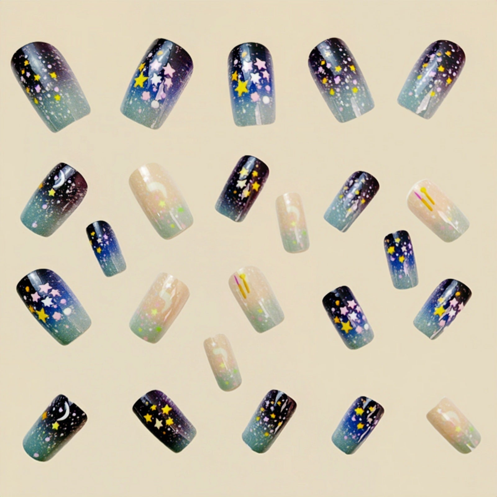 24pcs/Set Multicolor Blurred Stripe with Stars & Moon Press-On Nails