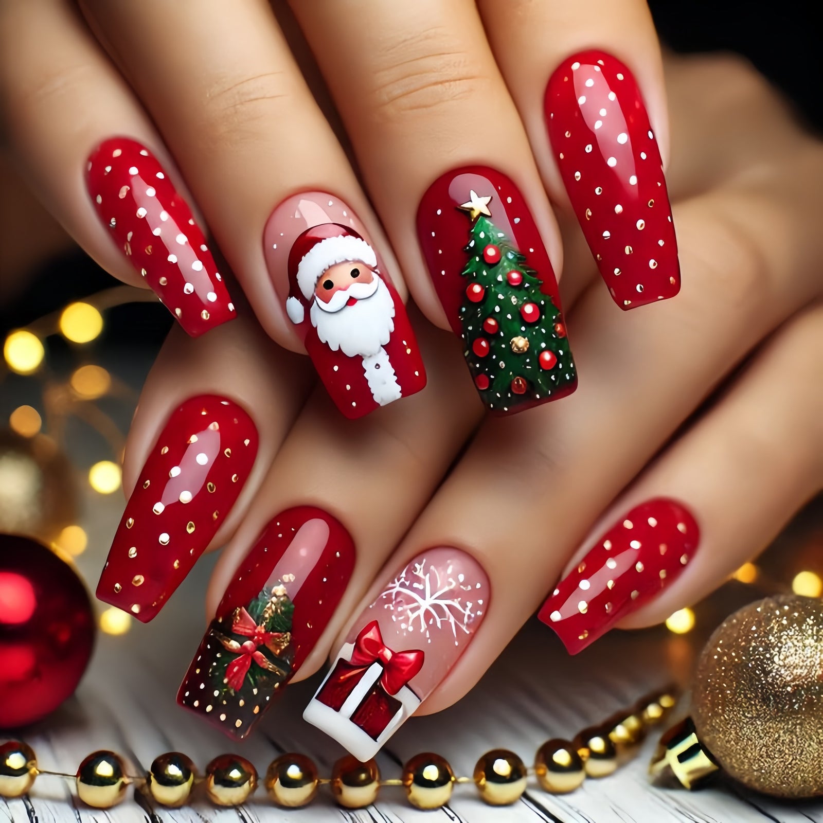 24pcs/Set Christmas Red Series: Santa, Tree & Snowflake Press-On Nails