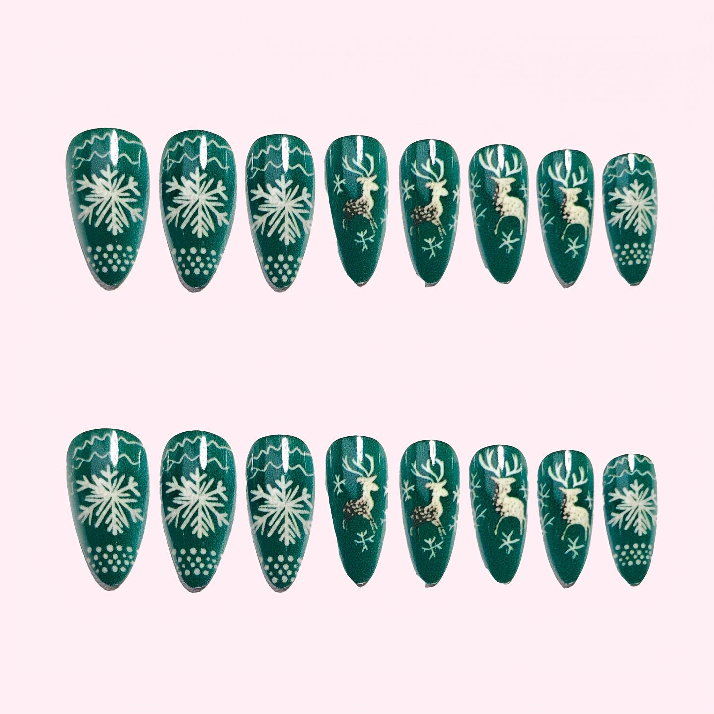 24pcs/Set Christmas Green Background with White Snowflakes & Reindeer Press-On Nails
