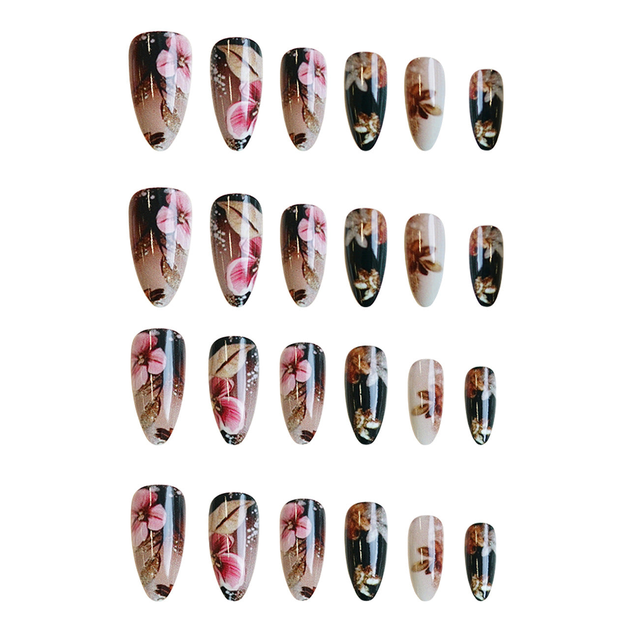 24pcs/Set Golden Leaves & Pink Flowers Press-On Nails