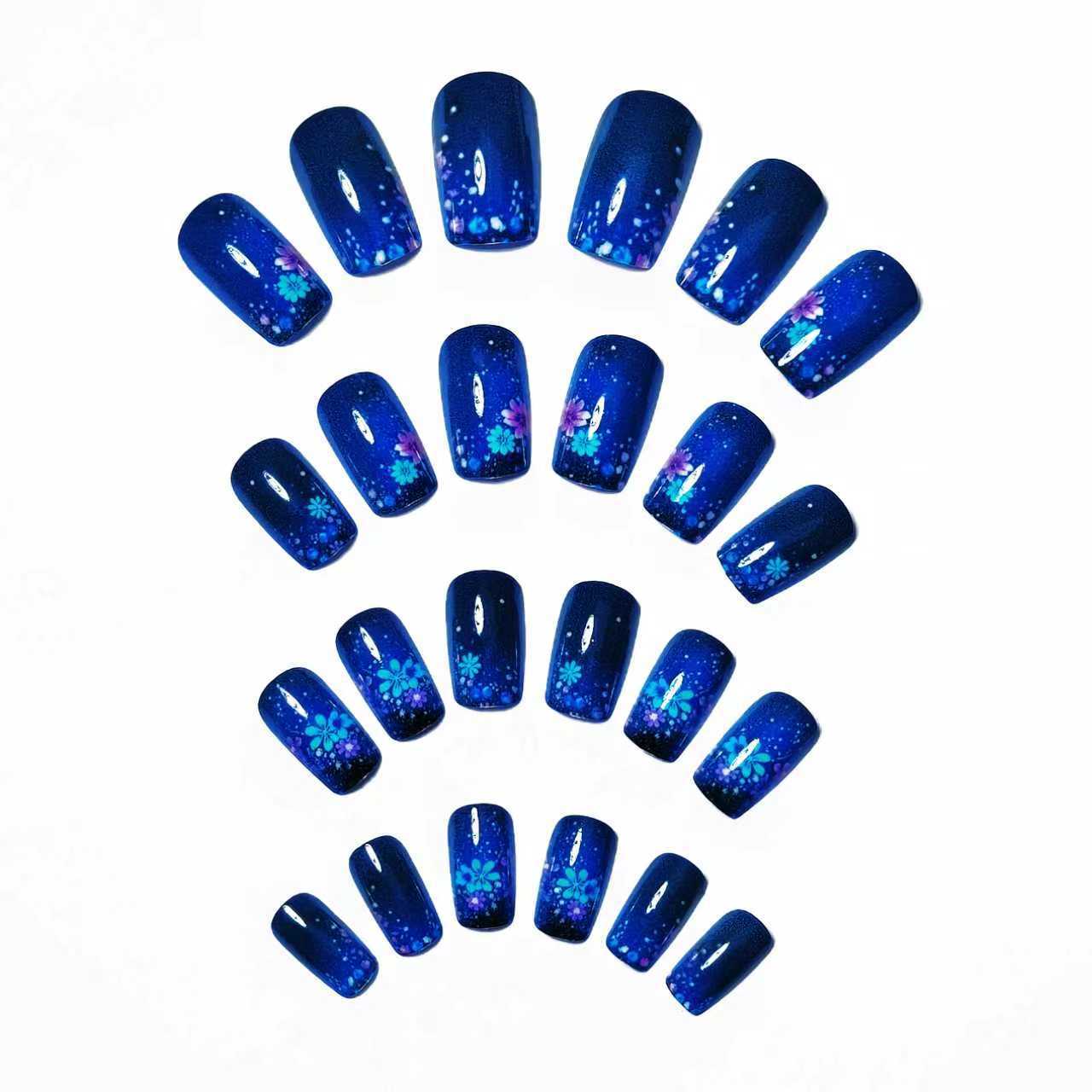 24pcs/Set Navy Blue Polka Dot Floral Pattern Press-On Nails