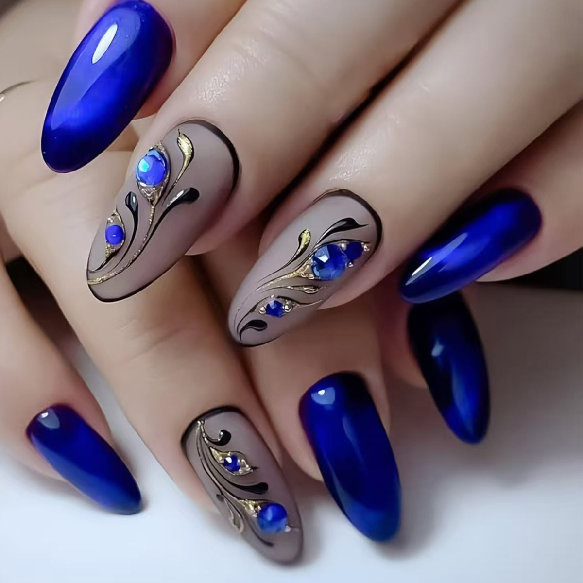 24pcs/Set Crystal Stone Blue Series Press-On Nails