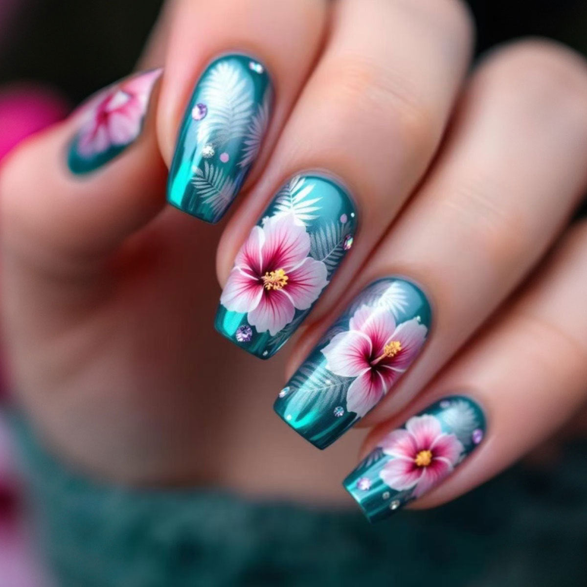 24pcs/Set Blue Background with Pink Flowers Press-On Nails
