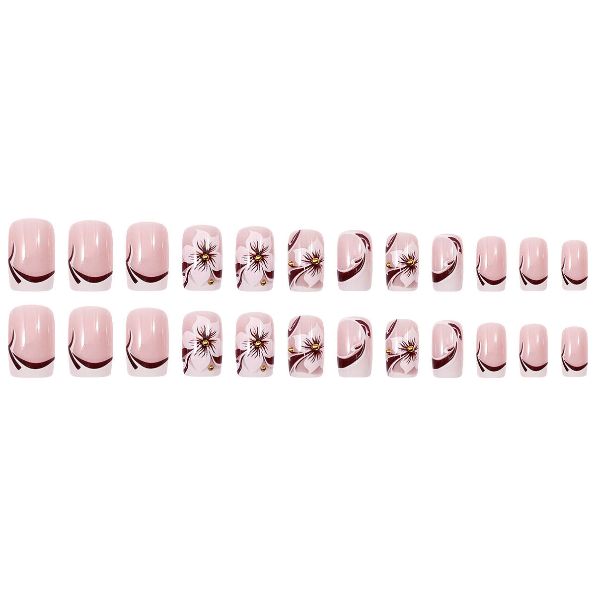 24pcs/Set Blurred Brown Floral French Tip Press-On Nails