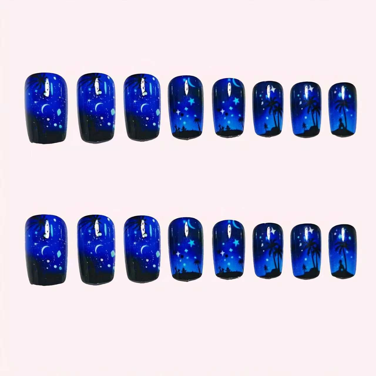 24pcs/Set Coconut Shadow, Starry River & Blue Star Illusion Night Press-On Nails