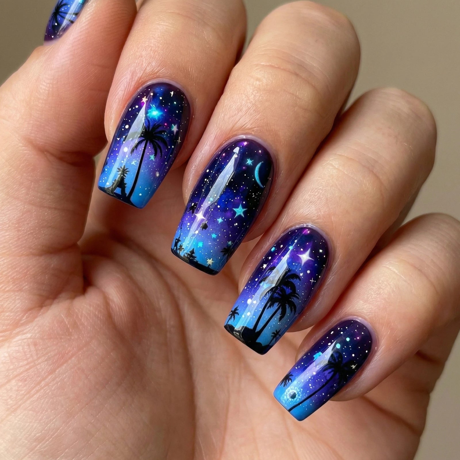 24pcs/Set Coconut Shadow, Starry River & Blue Star Illusion Night Press-On Nails