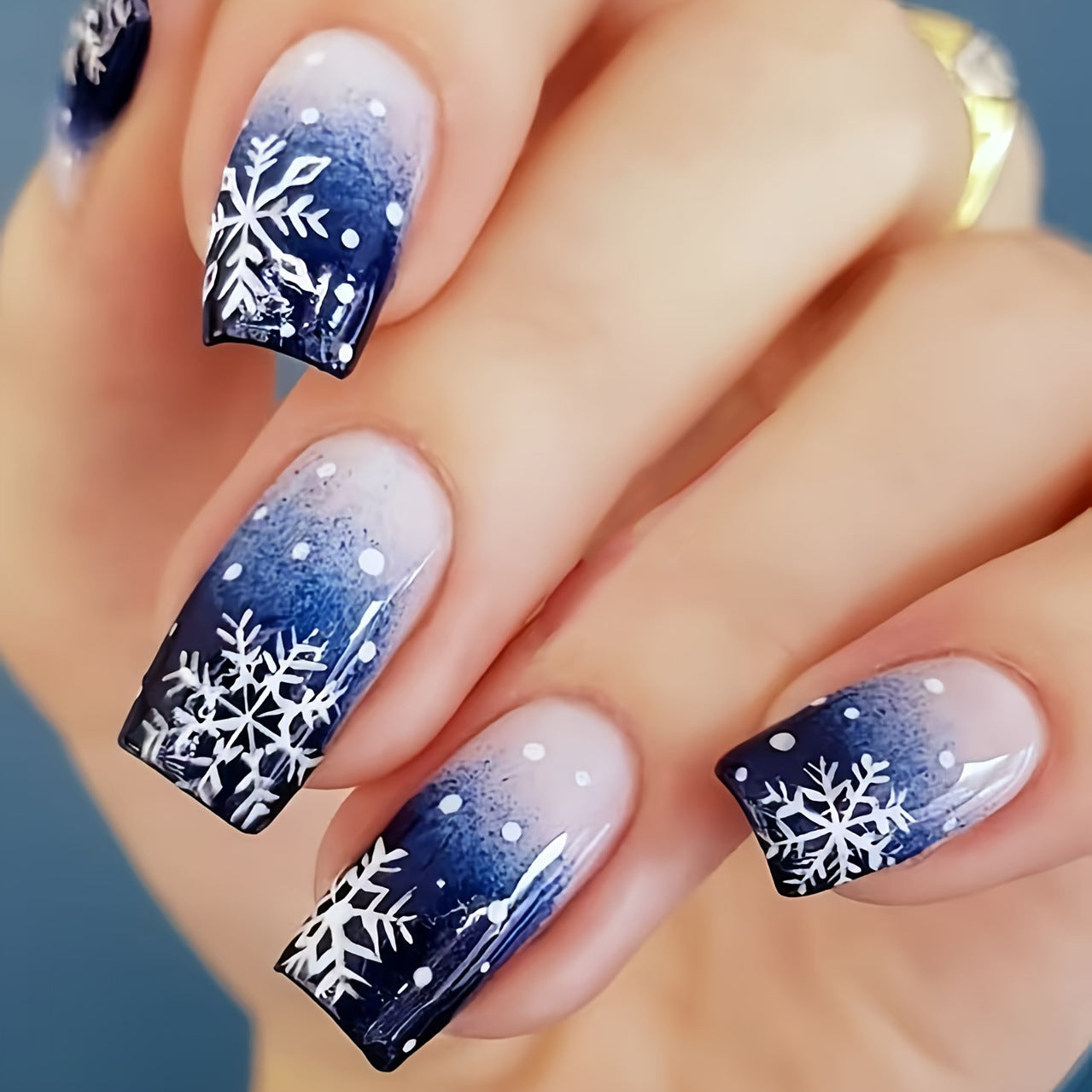 24pcs/Set Christmas Blue Ombré French with White Snowflakes Press-On Nails