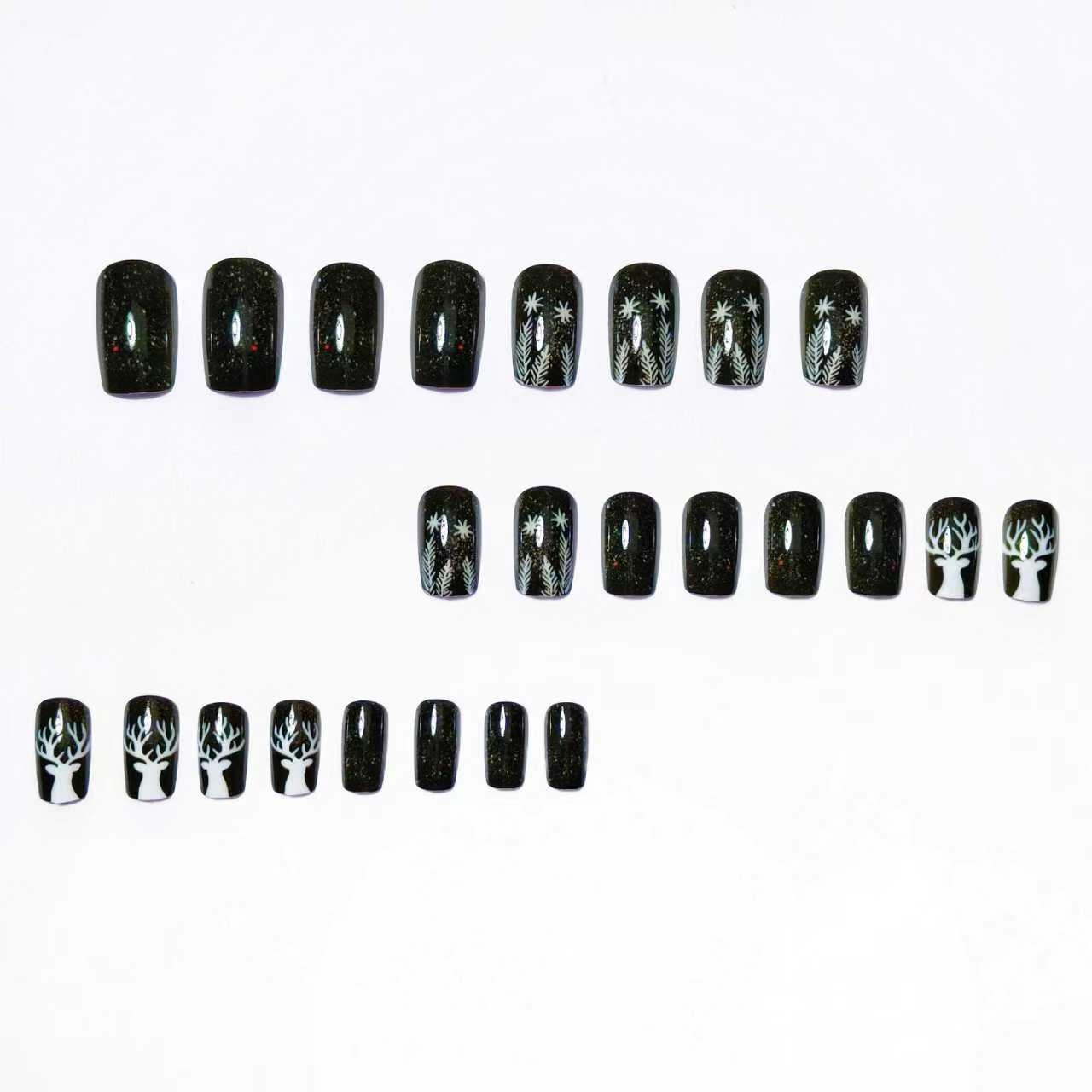 24pcs/Set Christmas Black Background with White Snowflakes & Reindeer Press-On Nails