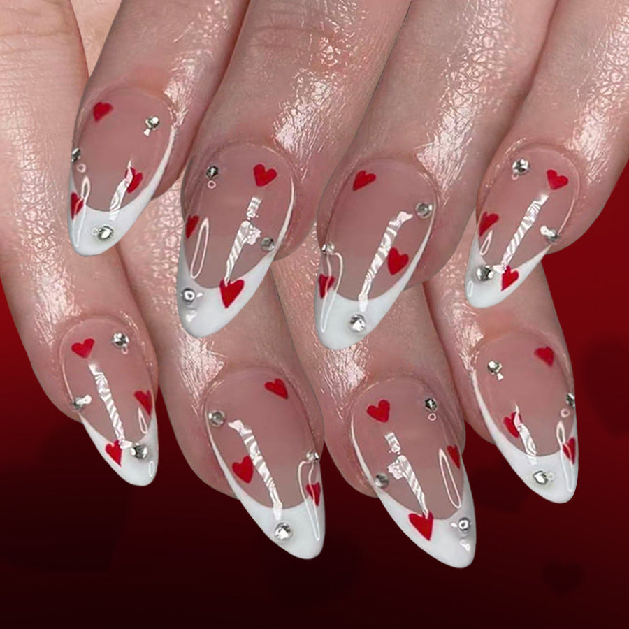 24pcs/Set Valentine's White Stiletto French with Red Heart & Crystals Press-On Nails
