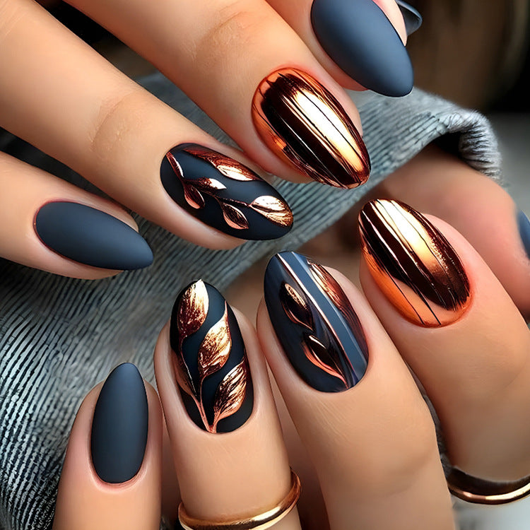 24pcs/Set Gilded Leaf Shadow on Gray-Blue Matte Press-On Nails