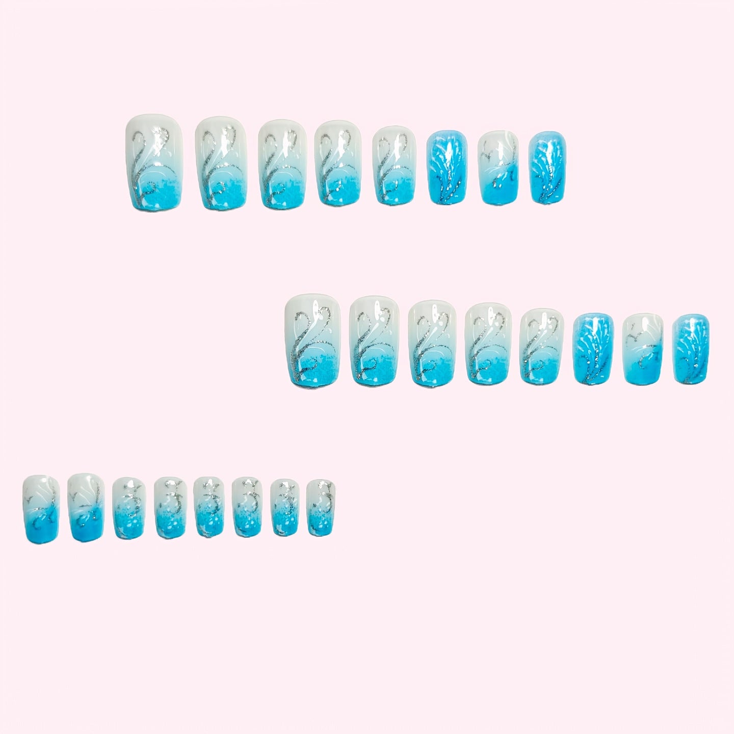 24pcs/Set Icy Blue Clear Tone with Silver Glitter Lines Press-On Nails