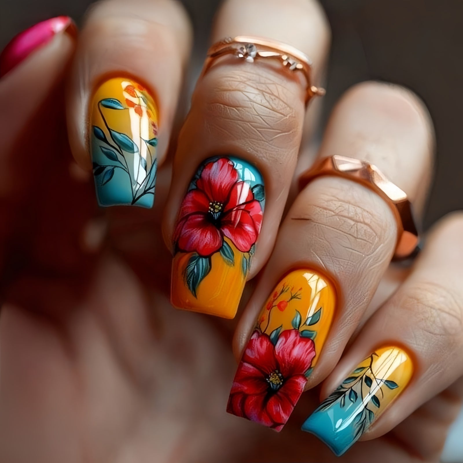 24pcs/Set Red Floral Blue French Press-On Nails