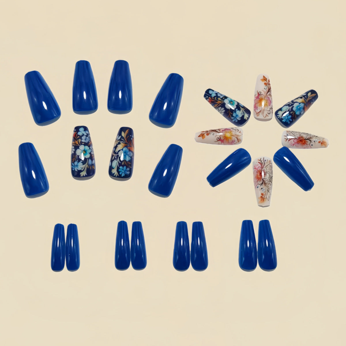 24pcs/Set Blue & Gold Flowers Press-On Nails