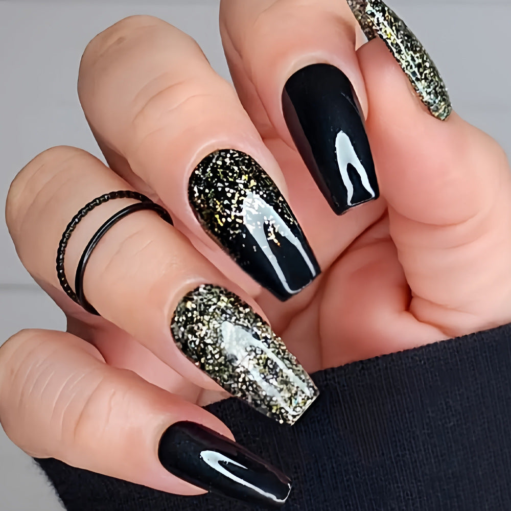 24pcs/Set Black & Gold Glitter Gradient Press-On Nails