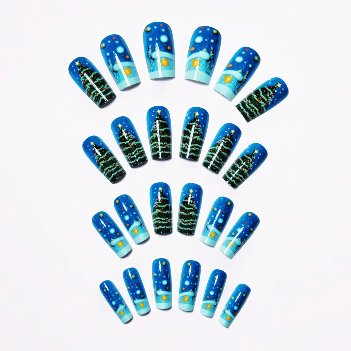 24pcs/Set Blue Background with Green Christmas Tree Press-On Nails