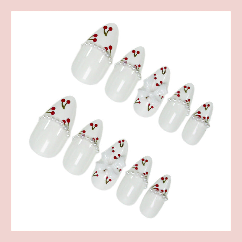24pcs/Set Valentine's White French Tip with Cherries Press-On Nails