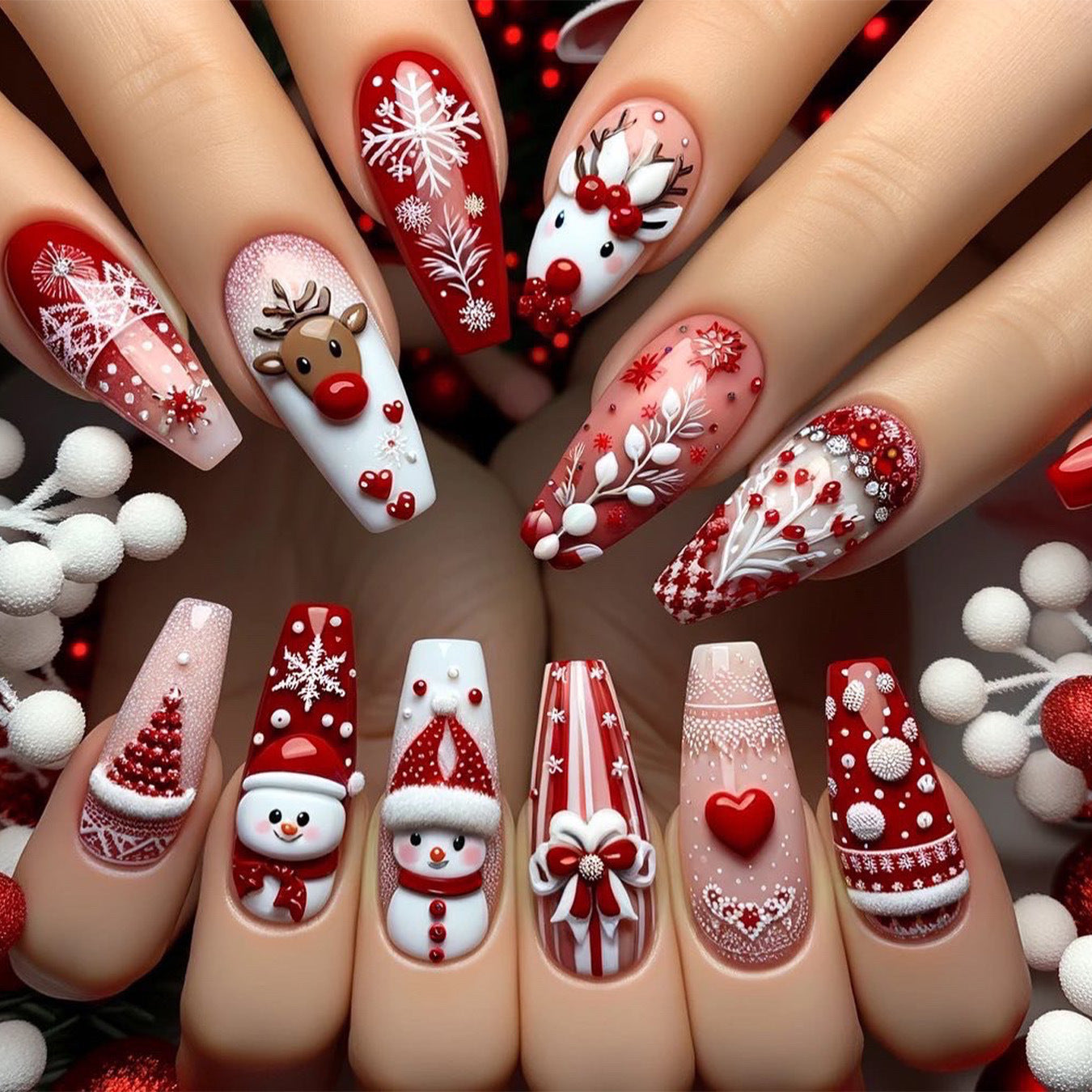 24pcs/Set Christmas White French with Snowflake, Snowman & Reindeer Press-On Nails