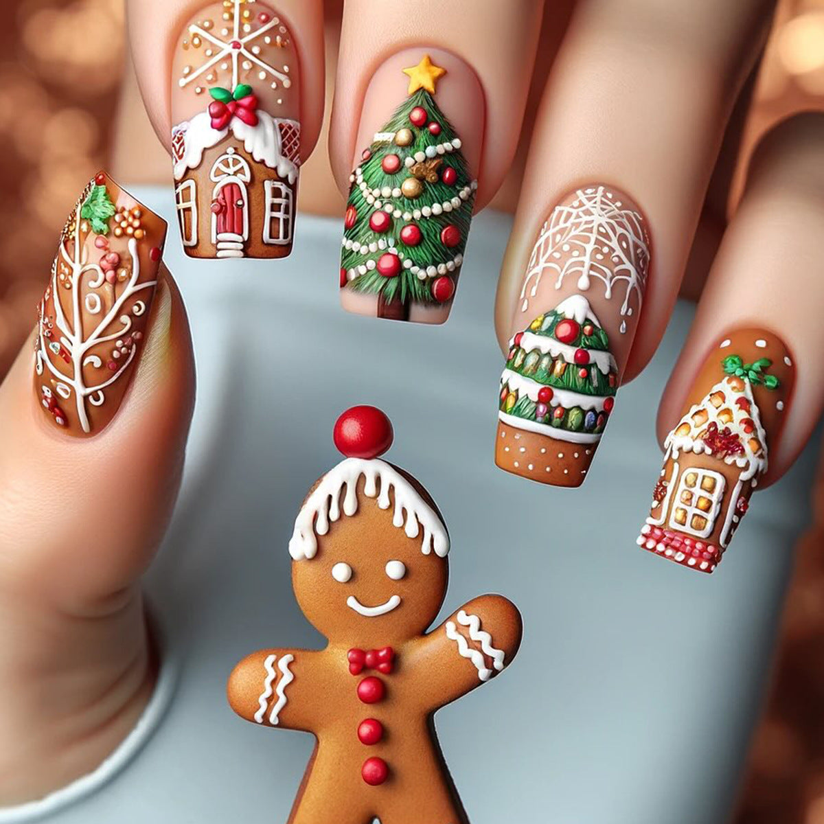 24pcs/Set Christmas Cartoon Tree, Holly & Chocolate House Press-On Nails