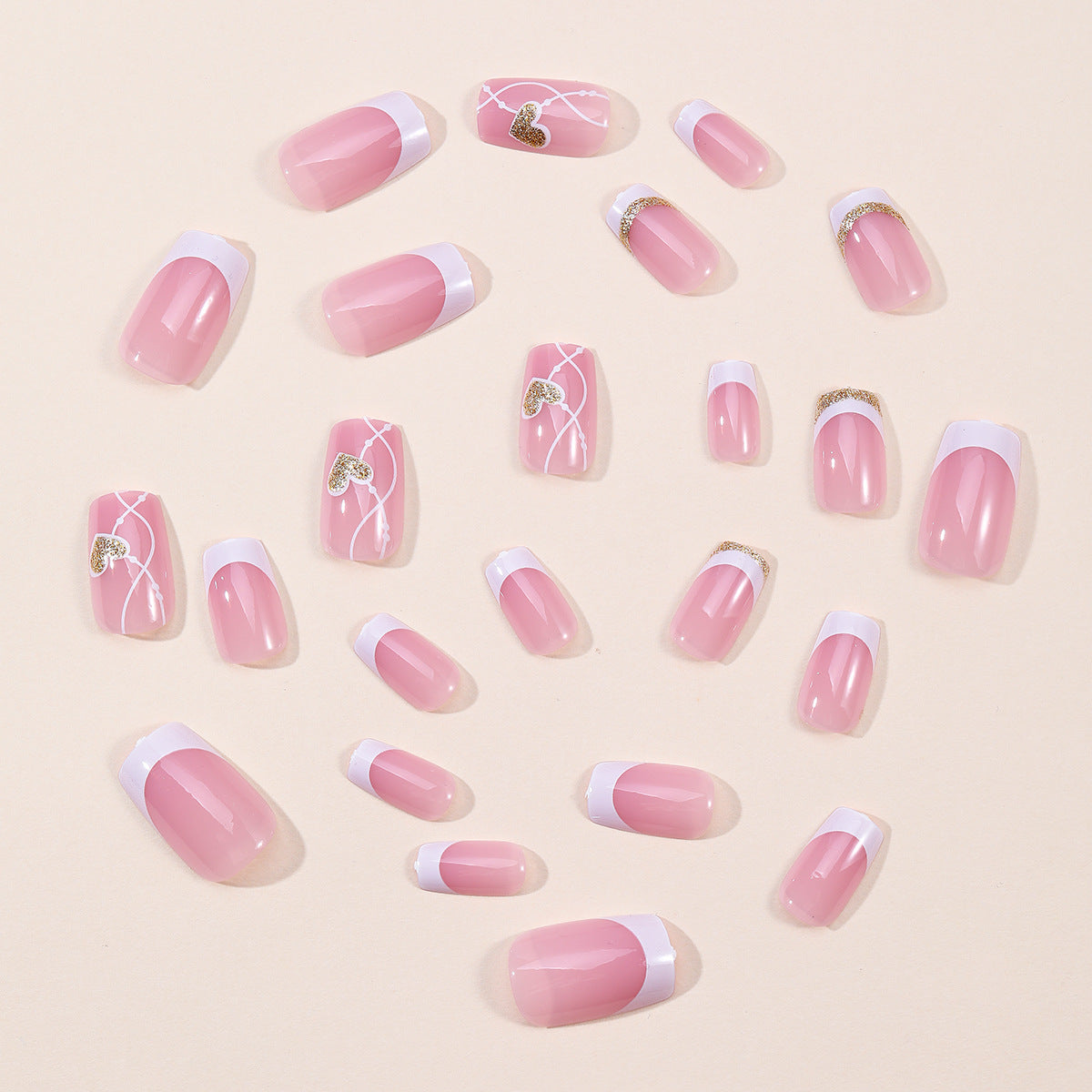 24pcs/Set Short Valentine's White French Line with Gold Glitter Heart Press-On Nails