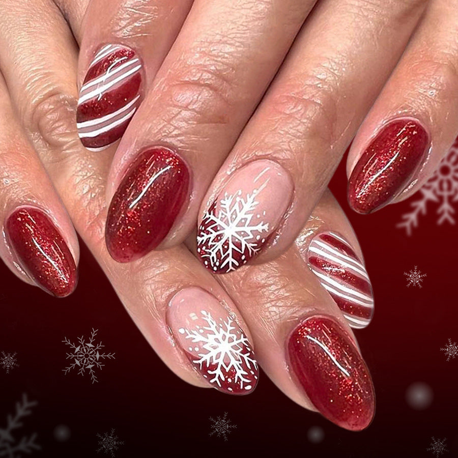 24pcs/Set Short Oval Christmas Red French with Snowflake & Stripe Press-On Nails