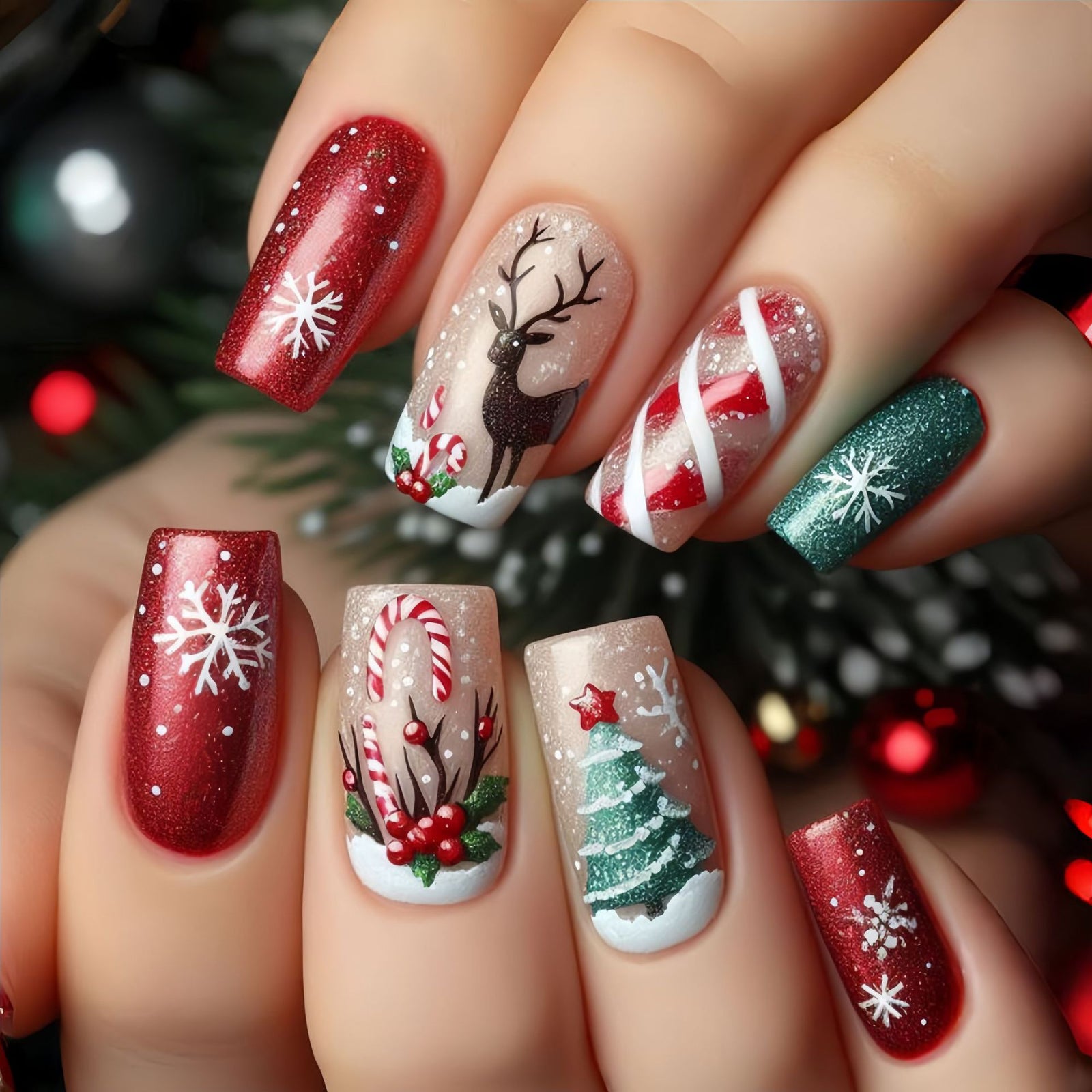 24pcs/Set Christmas Reindeer Stripe & Snowflake Press-On Nails