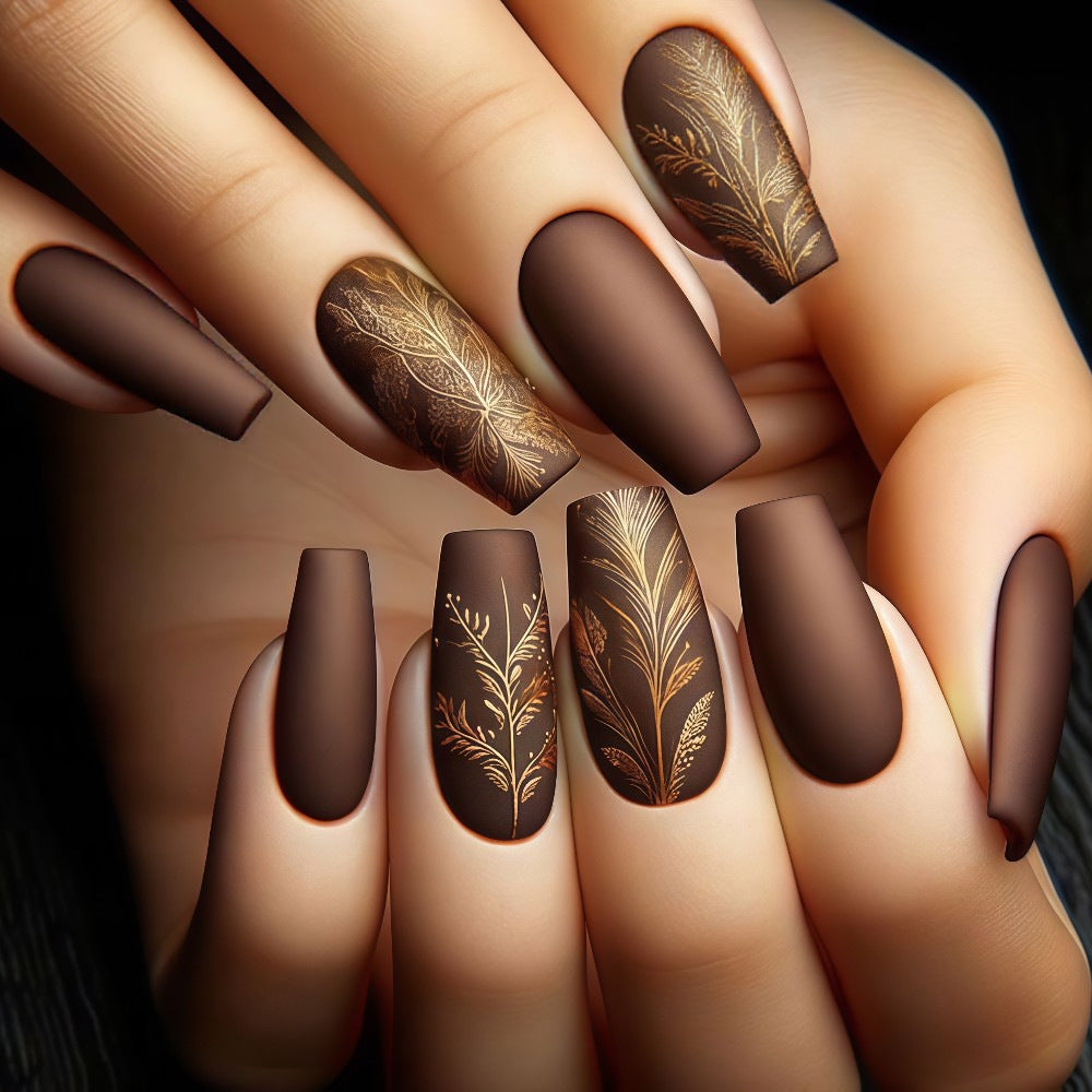 24pcs/Set Autumn-Winter Brown with Gold Wheat Painting Matte Press-On Nails