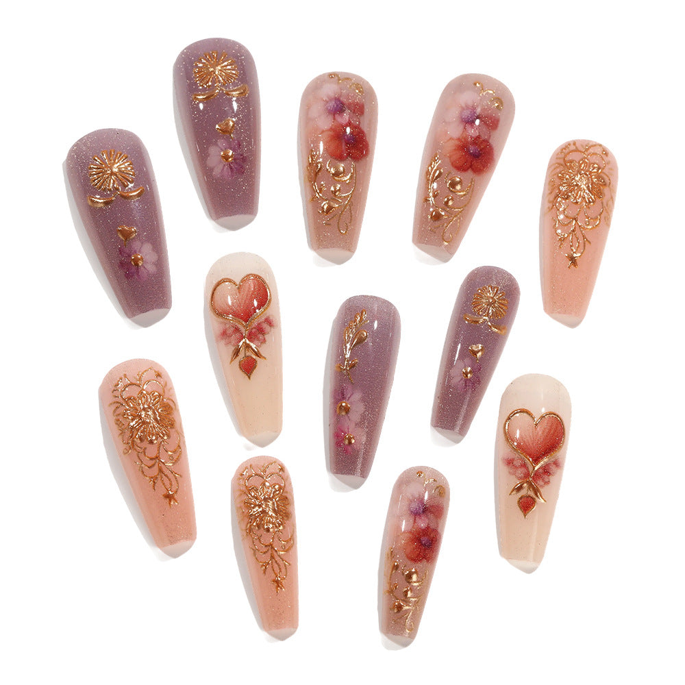 24pcs/Set 3D Gilded Sunflower Heart with Pink-Purple Painting Press-On Nails