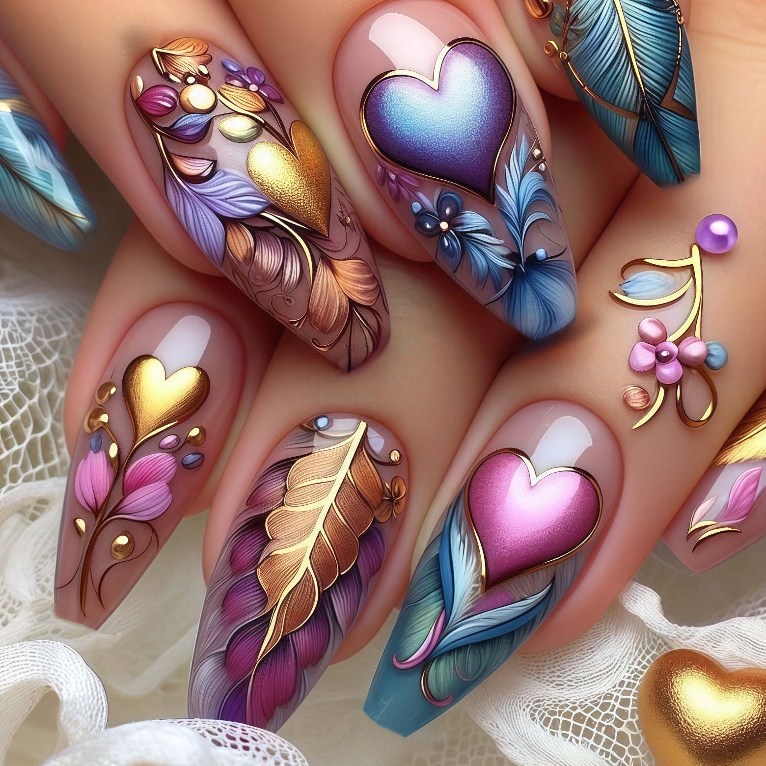 24pcs/Set 3D Gilded Heart with Golden Gradient Feather Press-On Nails