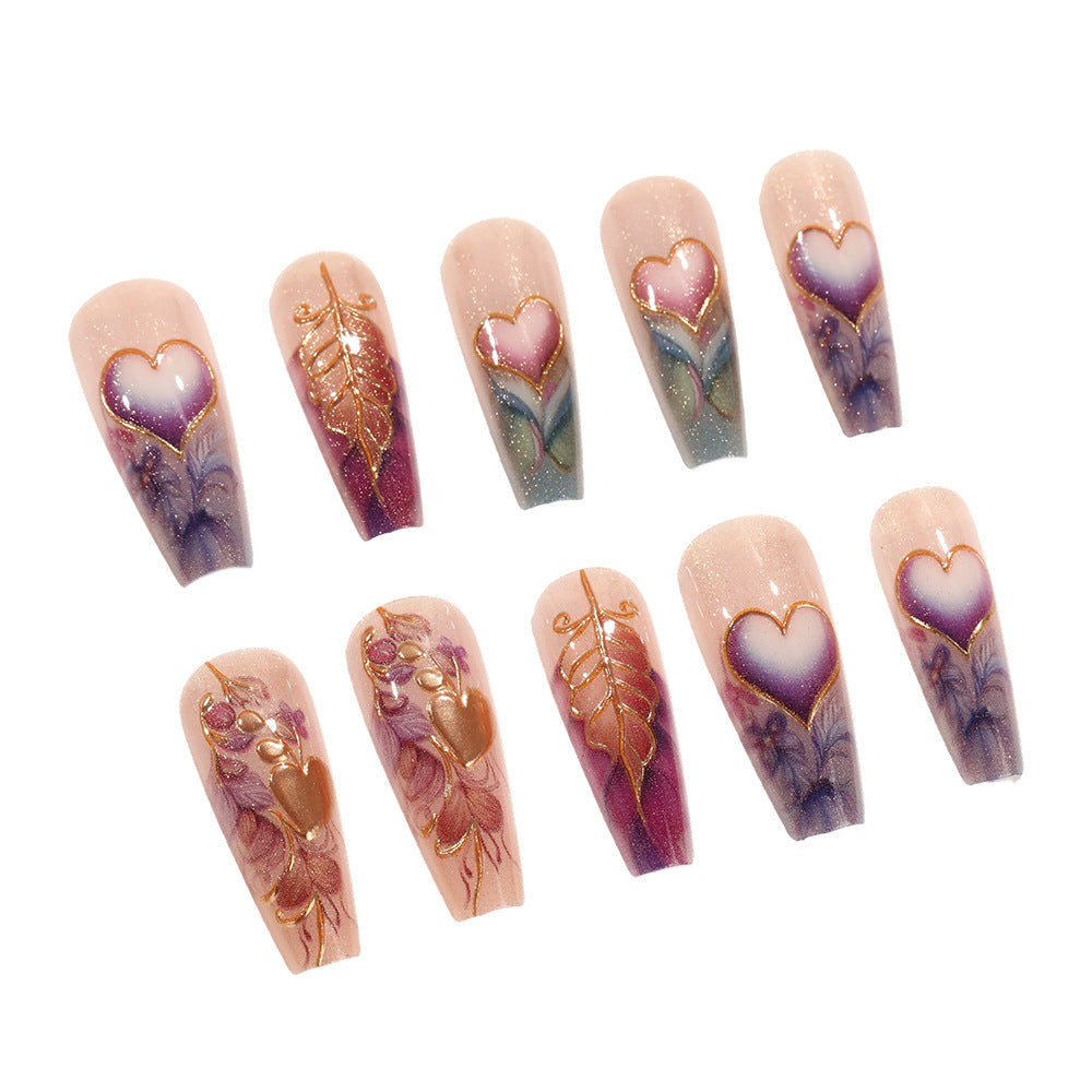 24pcs/Set 3D Gilded Heart with Golden Gradient Feather Press-On Nails