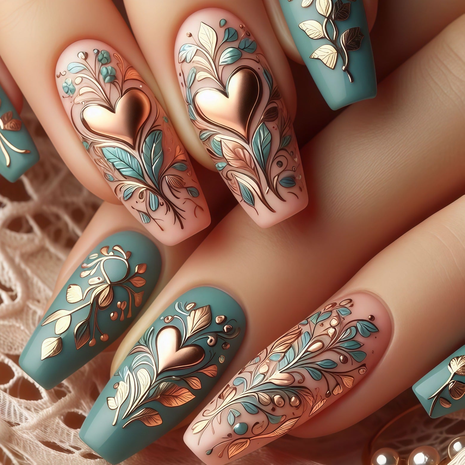 24pcs/Set 3D Gilded Bronze Heart with Foliage Pattern Press-On Nails