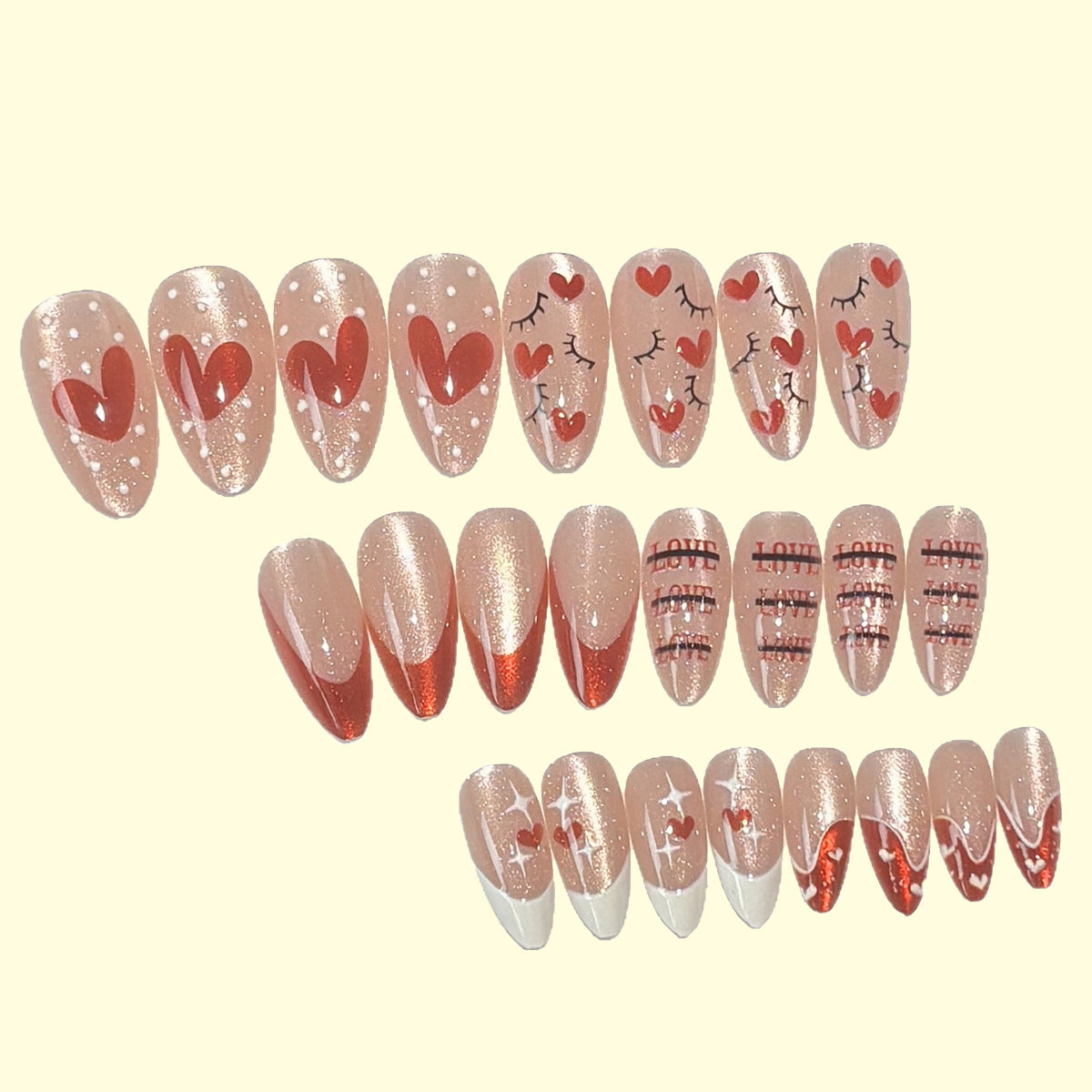 24pcs/Set Valentine's Cat's Eye French with Heart & Dots Press-On Nails