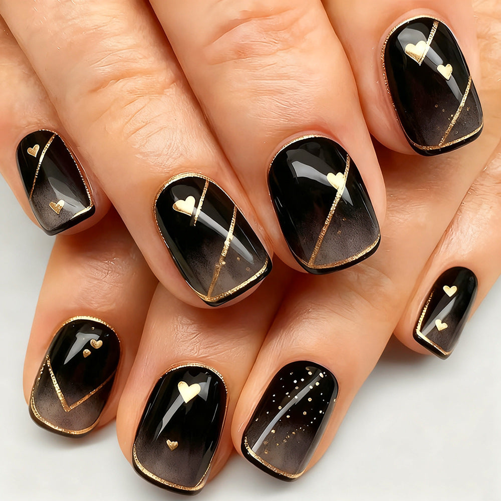 24pcs/Set Short Valentine's Heart with Gilded Black-Gold Gradient Press-On Nails