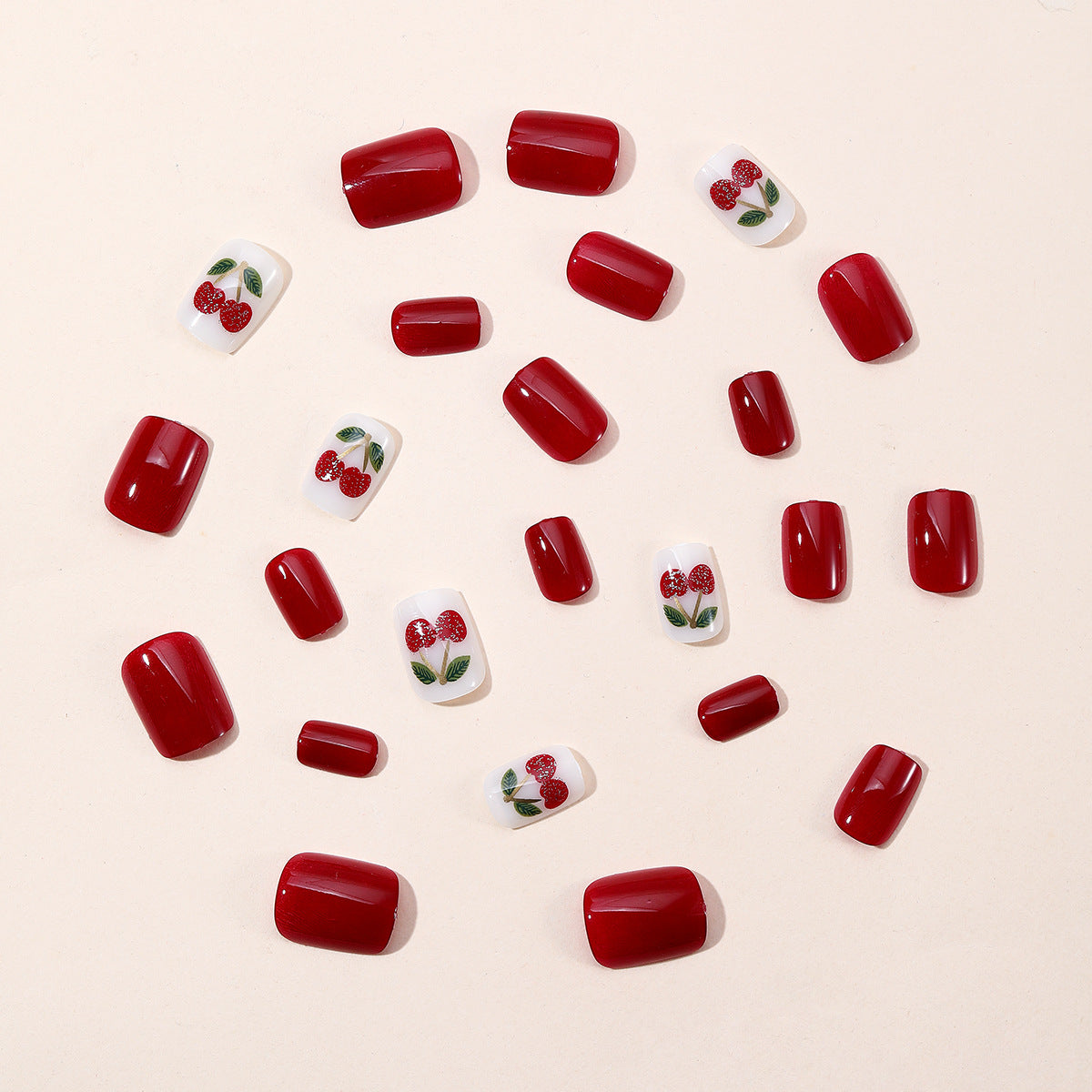 24pcs/Set Short Cherry Red & White Pop with Cherries Press-On Nails