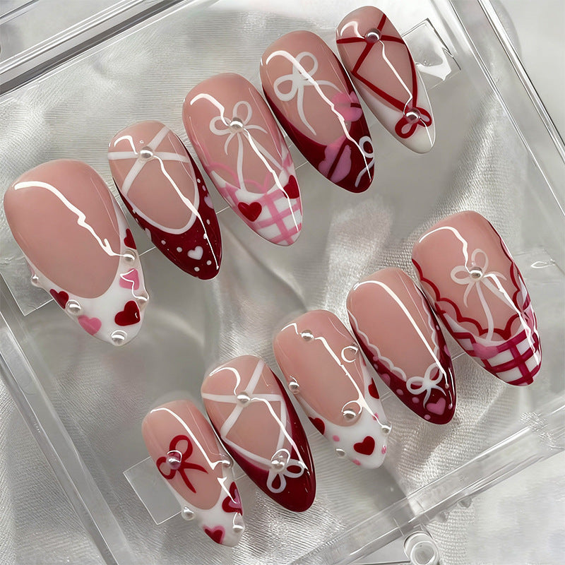 24pcs/Set Valentine's French Heart, Bow & Check Press-On Nails
