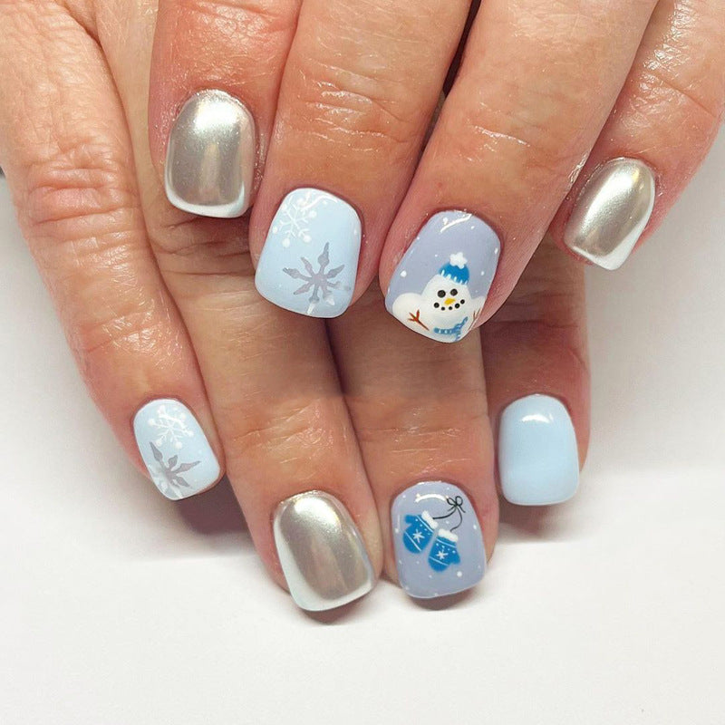 24pcs/Set Short Slate Blue Cartoon Snowman Christmas Press-On Nails