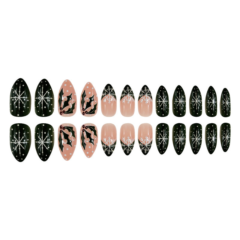 24pcs/Set Christmas Green French Snowflakes and Berries Press-On Nails