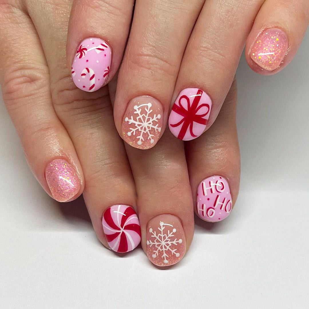 24pcs/Set Short Pink Christmas Gift Bow and Snowflake Press-On Nails