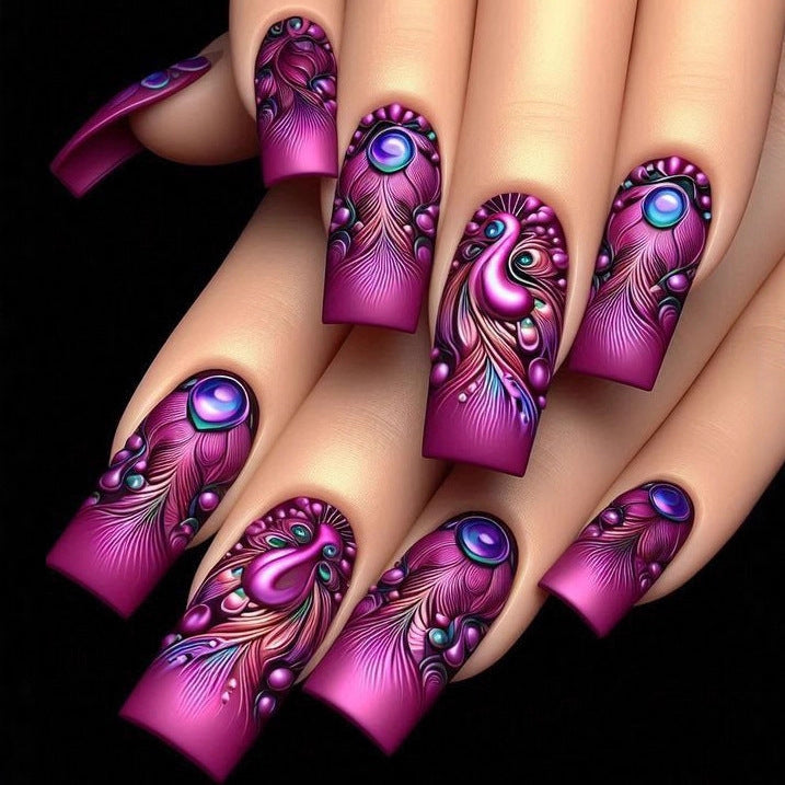 24pcs/Set Magenta Peacock Feather Press-On Nails