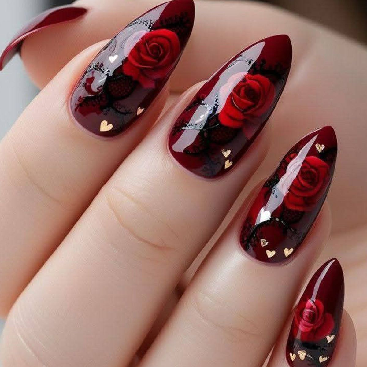 24pcs/Set Valentine's Red Ombré Rose & Heart Press-On Nails