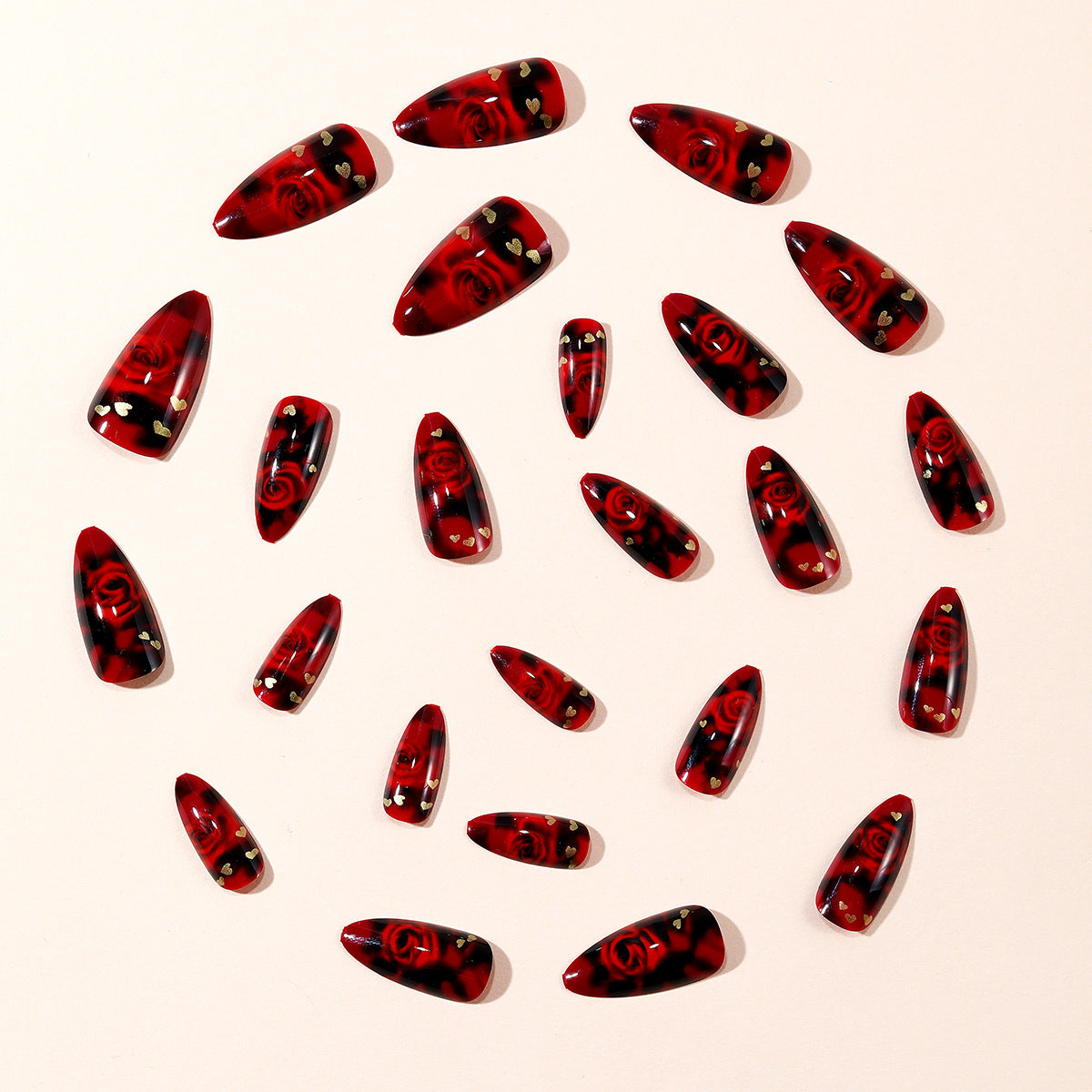 24pcs/Set Valentine's Red Ombré Rose & Heart Press-On Nails