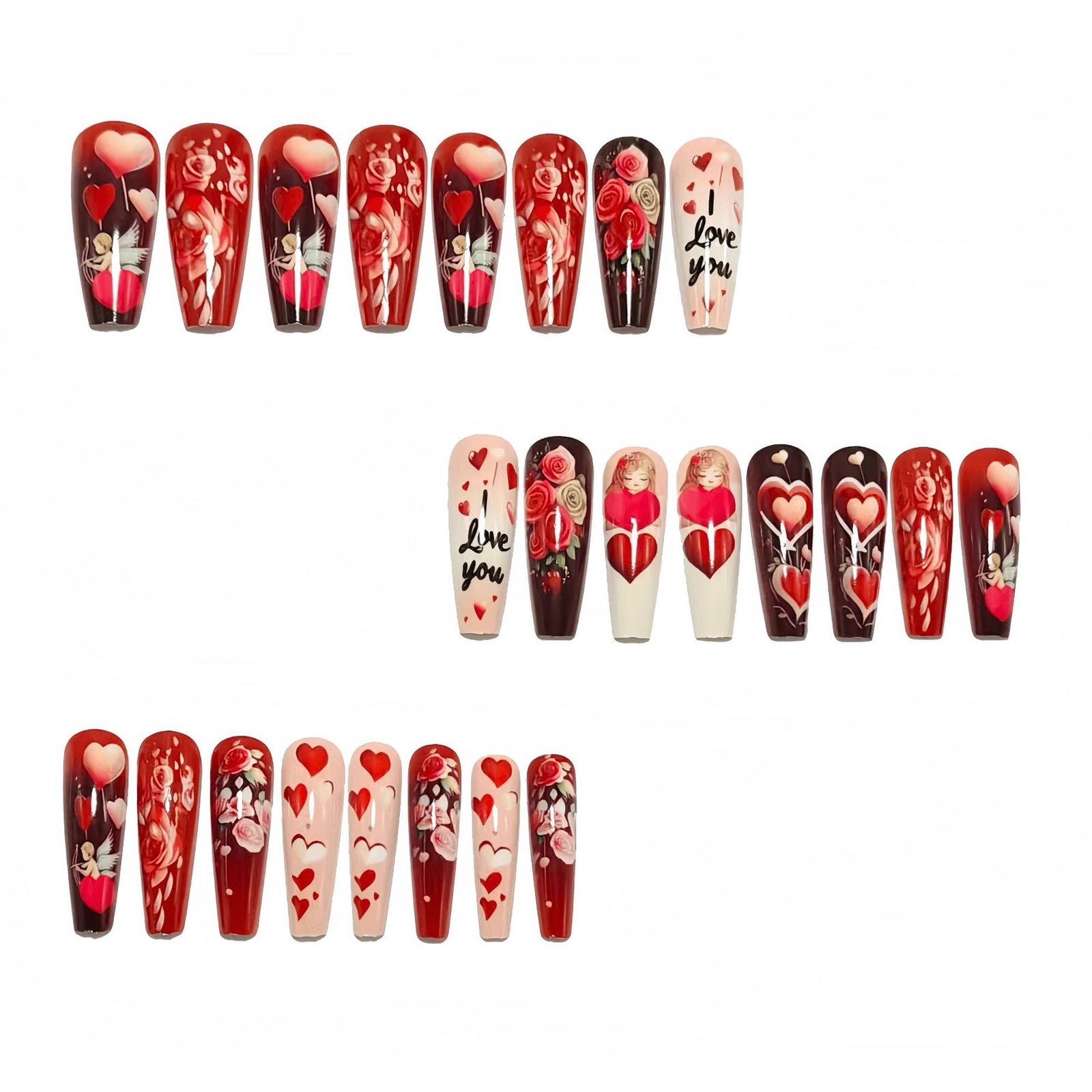 24pcs/Set Red Heart Rose Valentine's Press-On Nails