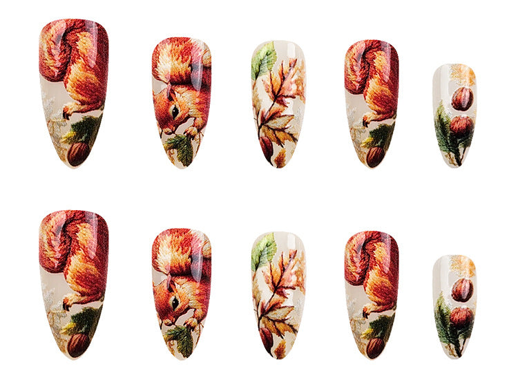 24pcs/Set 3D Embossed Squirrel & Acorn Press-On Nails