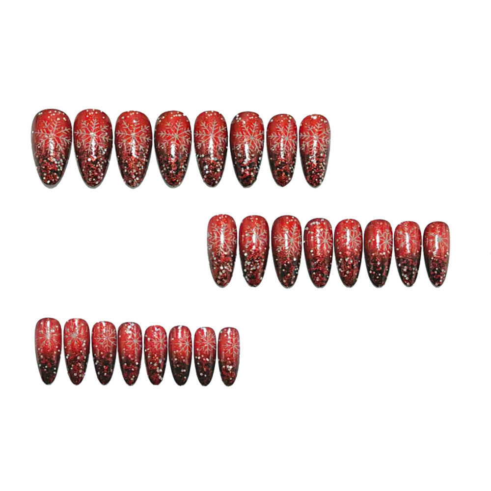 24pcs/Set Christmas Red-Black Gradient Snowflake Press-On Nails