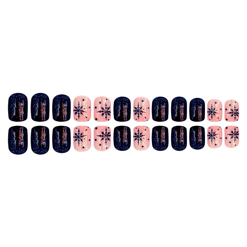 24pcs/Set Short Oval Christmas Black Snowflake Press-On Nails
