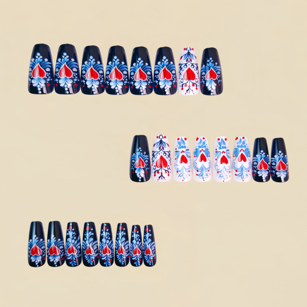 24pcs/Set Valentine's Blue With Red Heart Press-On Nails